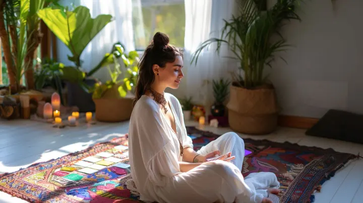 Tirage de cartes sur un tapis coloré, au milieu des plantes